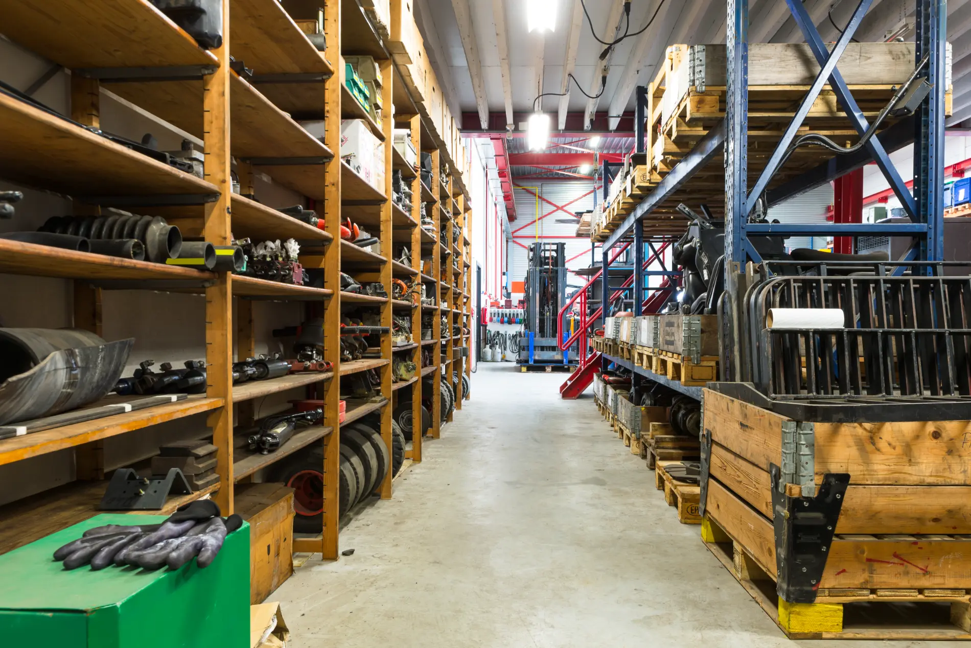 Shelves, tools and aisles in warehouse